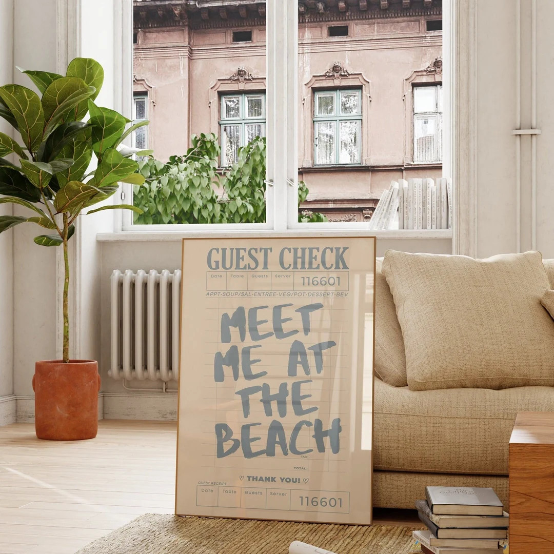 meet me at the beach guest check print trendy coastal wall art blue typography poster beach house... | Etsy (US)