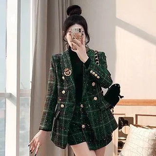 Set: Double-Breasted Plaid Blazer + Shorts | YesStyle Global