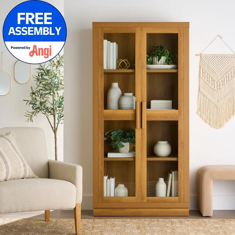 Better Homes & Gardens Ezra Glass Door Storage Accent Cabinet, Light Honey finish | Walmart (US)