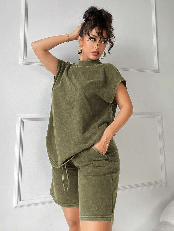 SHEIN SXY 2pcs Summer Vintage Style Distressed Sweatshirt & Wide Leg Shorts Set, Casual Outfit | SHEIN