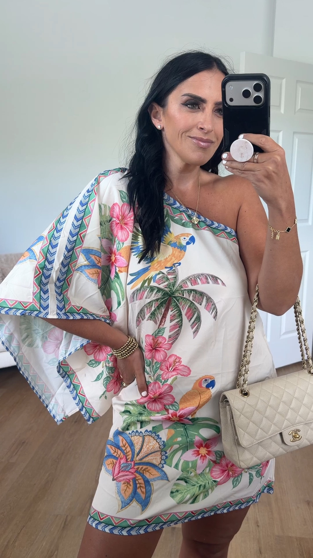 Floral one shoulder vacation tunic dress from Amazon wearing size medium. Looks like farm Rio 