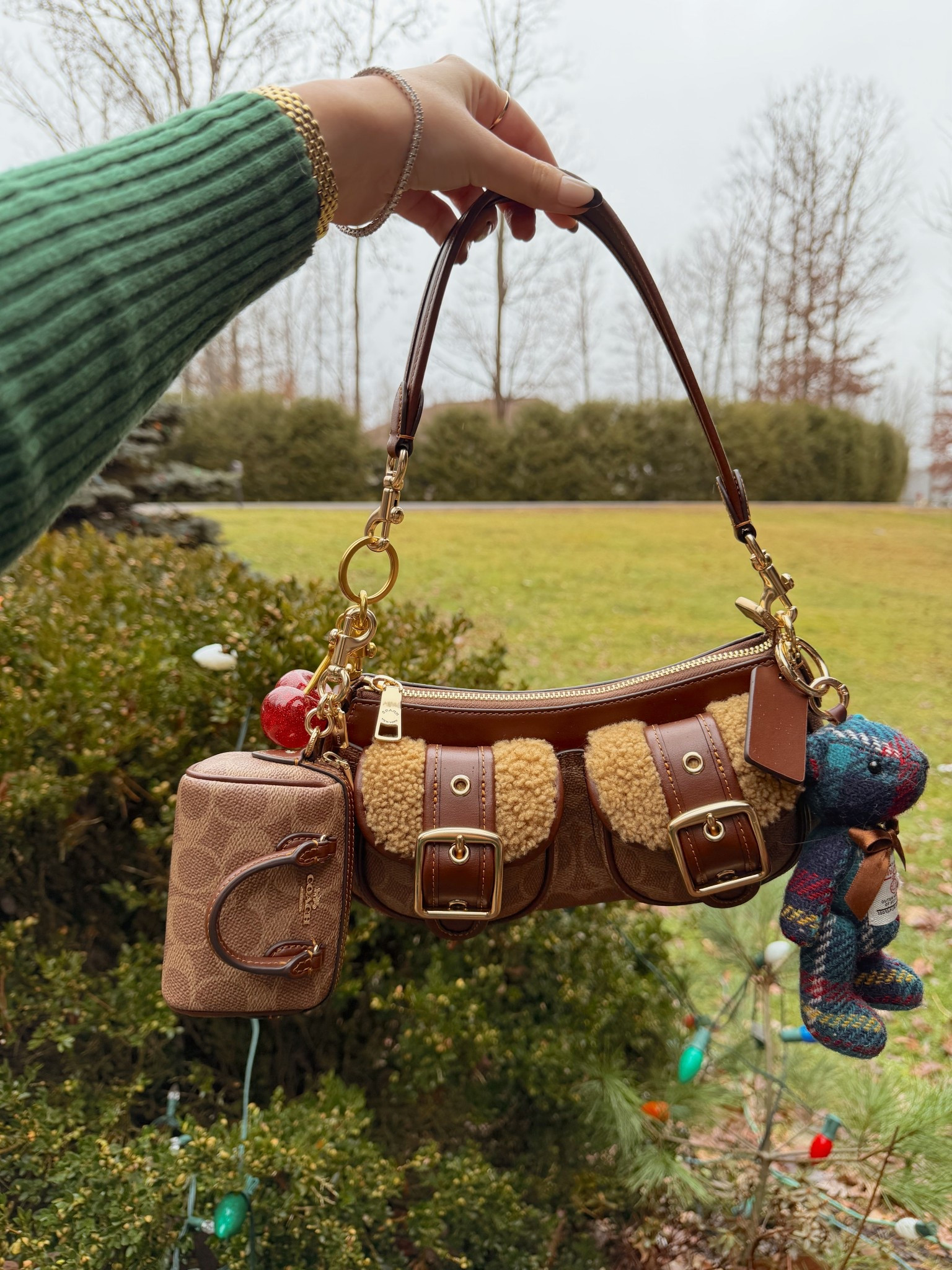 Coach Signature Ashton with shearling 
Harris tweed bear bag charm
Small coin pouch mini Rowan 
Cherry bag charm 