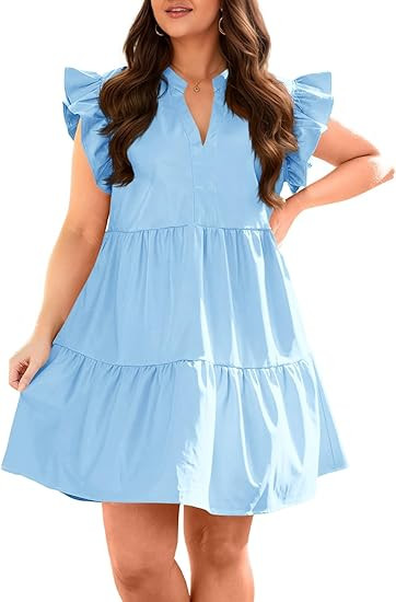 Fisoew Plus Size Dresses for Women Summer Ruffle Short Sleeve V Neck Dress Tiered Swing A Line Ba... | Amazon (US)
