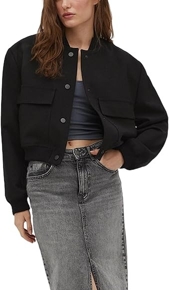 Ameliever Cropped Bomber Jacket Women Button down Baseball Varsity Jacket with Pockets | Amazon (US)