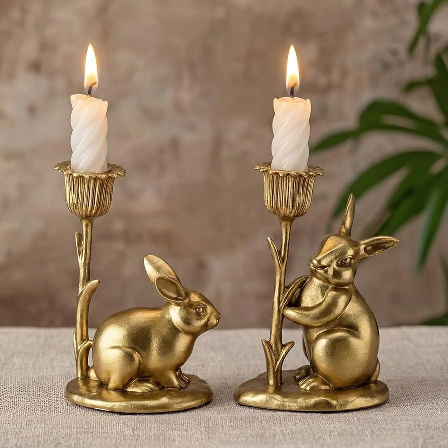 Havawish 2 Pcs Easter Bunny Taper Candle Holder Vintage Gold Bunny Decorations Rustic Candlestick... | Amazon (US)