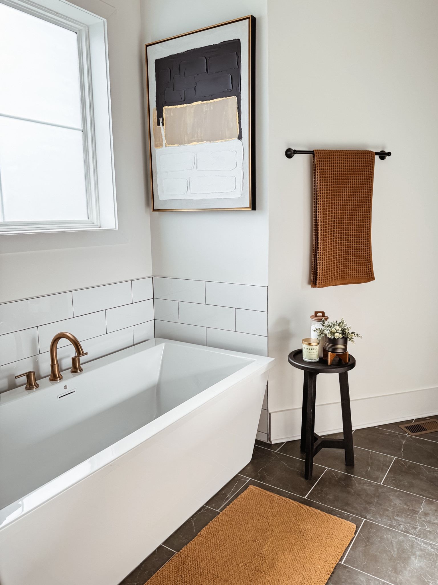 Primary Bathroom Modern Decor Ideas from Target + HoemGoods | Just in time for circle week sales 🎯

Bathroom stool, waffle casaluna towel, brown waffle rug, organic modern decor, target bathroom decor, bath tub l, stress relief candle, bath salt glass canister  