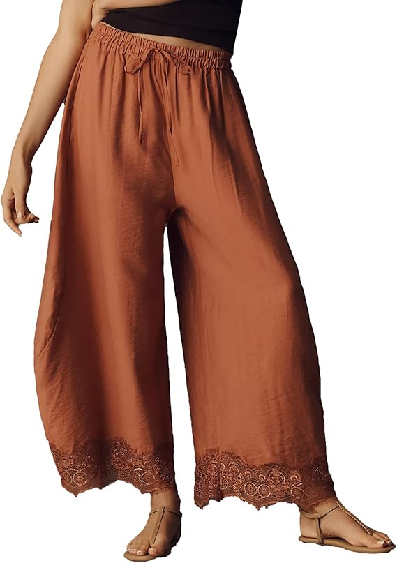 Womens Wide Leg Pants Casual Cropped Flowy Drawstring Lace Hem Palazzo Pull On Trousers with Pock... | Amazon (US)