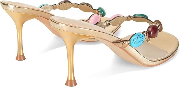 Jeweled Flip Flop Kitten Heels for Women Open Toe Beaded Strappy High Heels Sandals Slip On Thong... | Amazon (US)