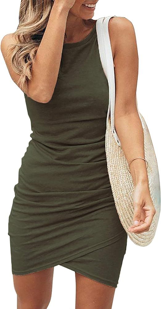 BTFBM Women 2023 Summer Sleeveless Tank Dresses Crew Neck Slim Fit Short Casual Ruched Bodycon Party | Amazon (US)