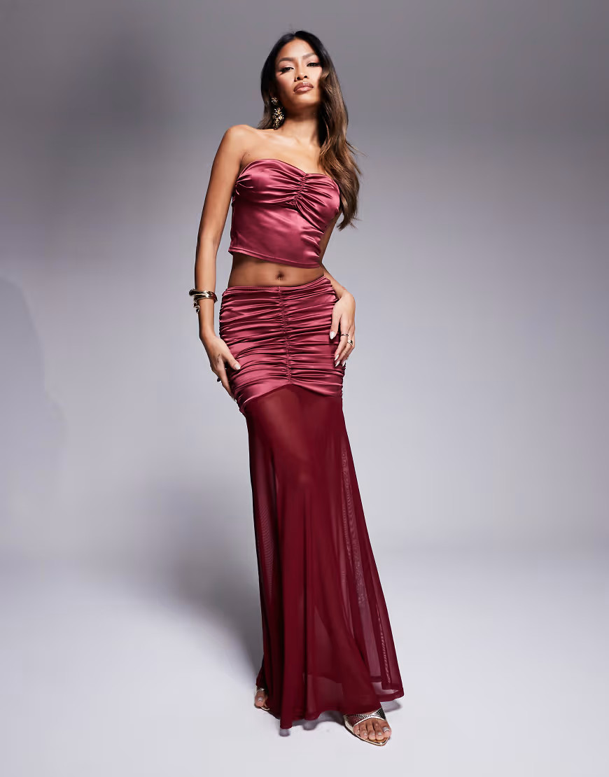 ASOS DESIGN stretch satin ruched maxi skirt with mesh hem in berry - part of a set-Red | ASOS (Global)