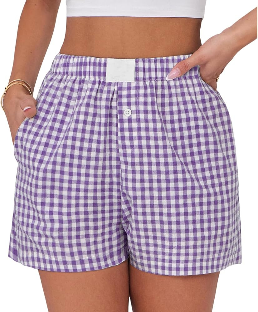 Womens Boxer Shorts Cotton Summer Casual Pajama Y2K Sleep Gingham Plaid Shorts Bottom with Pocket... | Amazon (US)