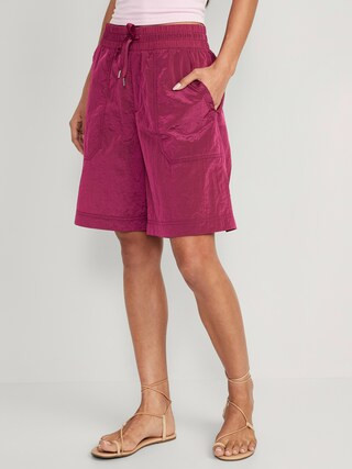 High-Waisted Shiny Nylon Bermuda Shorts for Women -- 11-inch inseam | Old Navy (US)