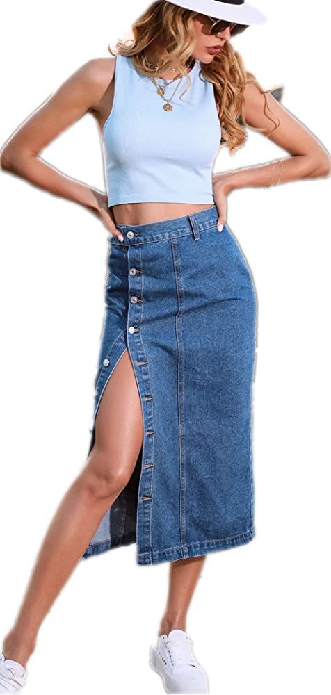 ELSTAROA Women's Casual High Waisted Solid Button Up Denim Jean Skirt | Amazon (US)