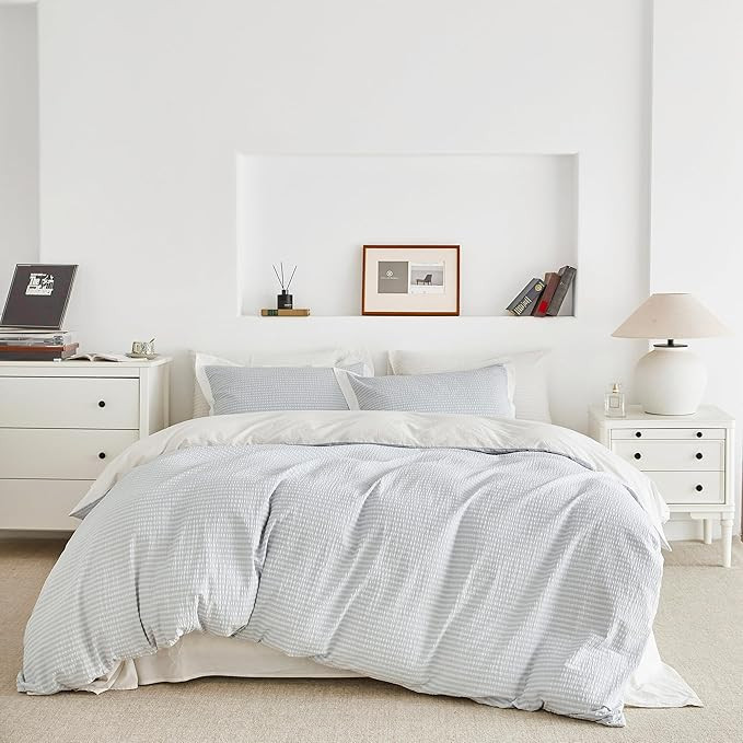 SUSYBAO Light Blue Seersucker Duvet Cover King 100% Cotton 3 Pieces Set | Amazon (US)