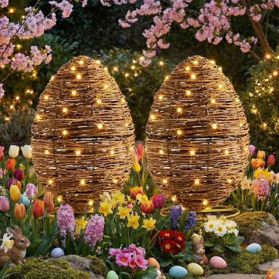 20 Inch Set of 2 Easter Rattan Eggs Decor Outdoor, Natural Woven Eggs Sculpture with 9.84ft LED L... | Amazon (US)