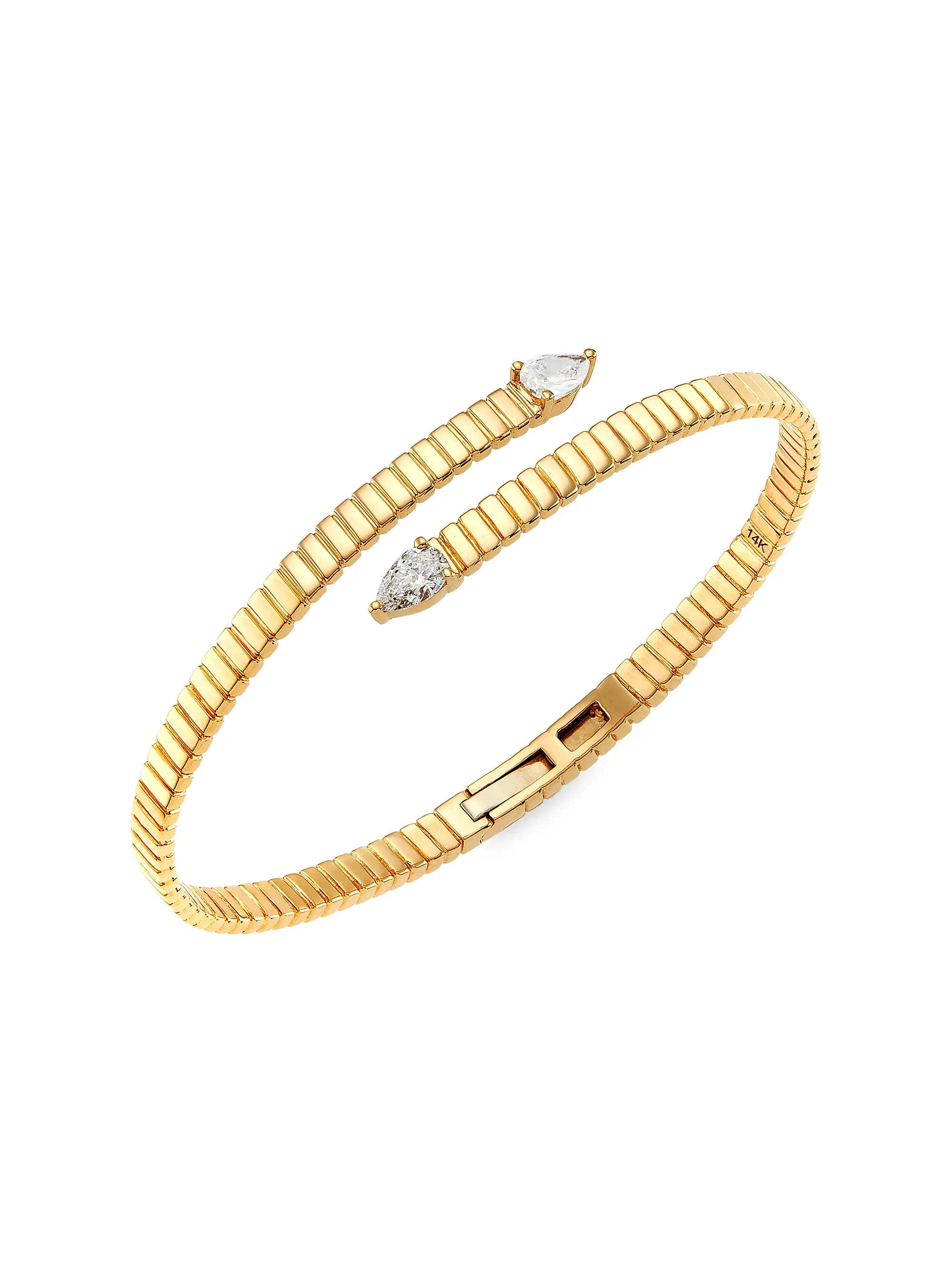 14K Yellow Gold & 0.7 TCW Diamond Fluted Bypass Bangle | Saks Fifth Avenue