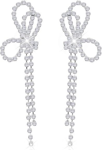 Silver Bow Earrings for Women Rhinestone Crystal Tassel Earrings Long Chain Dangle Earrings for W... | Amazon (CA)