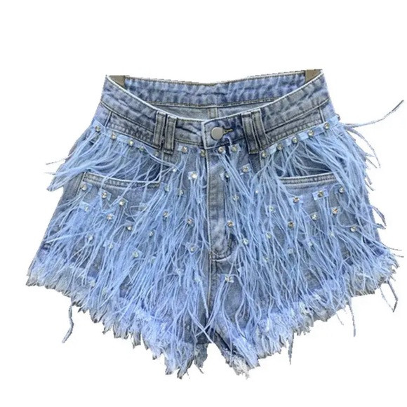 Rhinestones ostrich feathers denim shorts | Poshmark