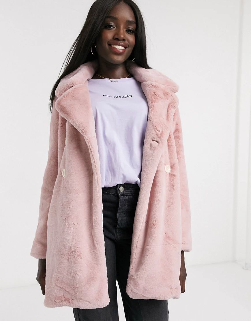 QED London double breasted faux fur coat in pink | ASOS (Global)