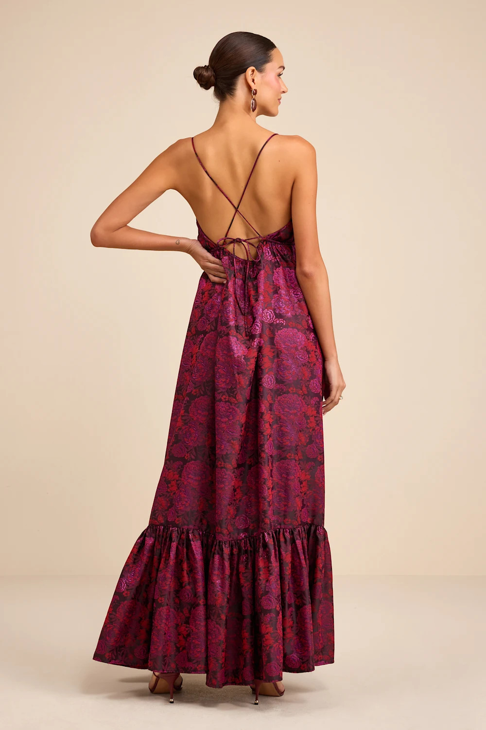 Jasiel Burgundy Jacquard Lace-Up Tiered Maxi Dress | Lulus