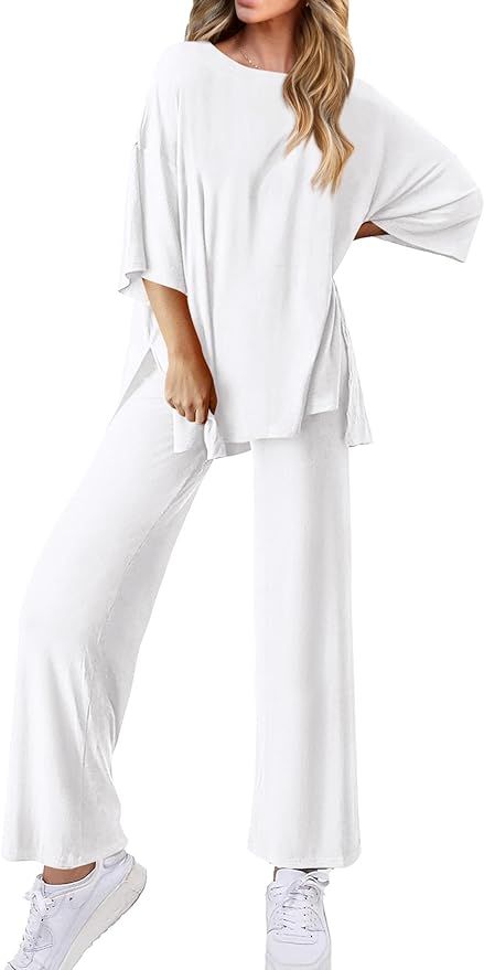 KIRUNDO Lounge Sets for Women Summer Comfy Oversized Slit Short Sleeve Shirts and Wide Leg Pants ... | Amazon (US)