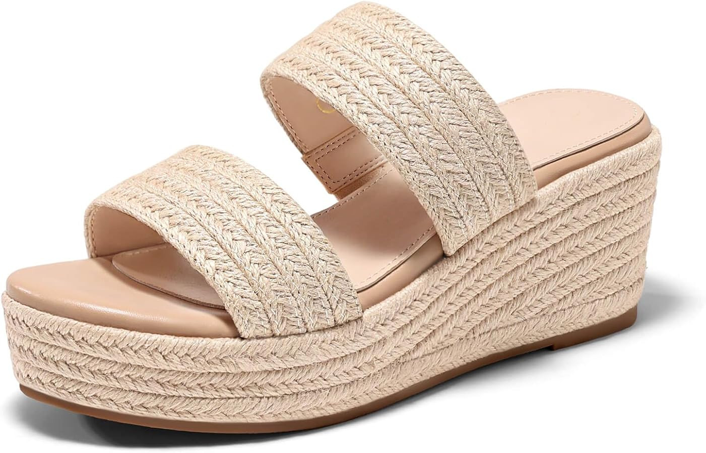 Coutgo Womens Platform Wedge Sandals Espadrille Raffia Heeled Slides Open Toe Two Band Summer Bea... | Amazon (US)