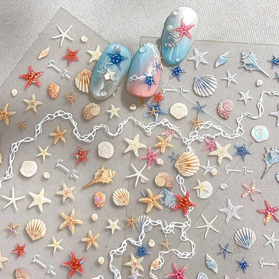 2 Sheets Summer Ocean Life Nail Stickers Beach Cute Seashell Starfish Conch Nail Art Stickers 5D ... | Amazon (US)