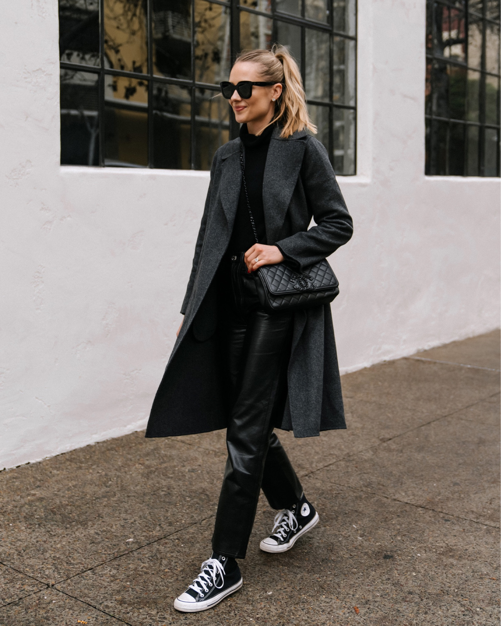 Fashion Jackson wearing max Mara grey coat (linked similar), Black sweater, AGOLDE leather pants, converse sneakers, winter outfit #fashionjackson #sneakers 

#LTKunder100 #LTKstyletip #LTKshoecrush