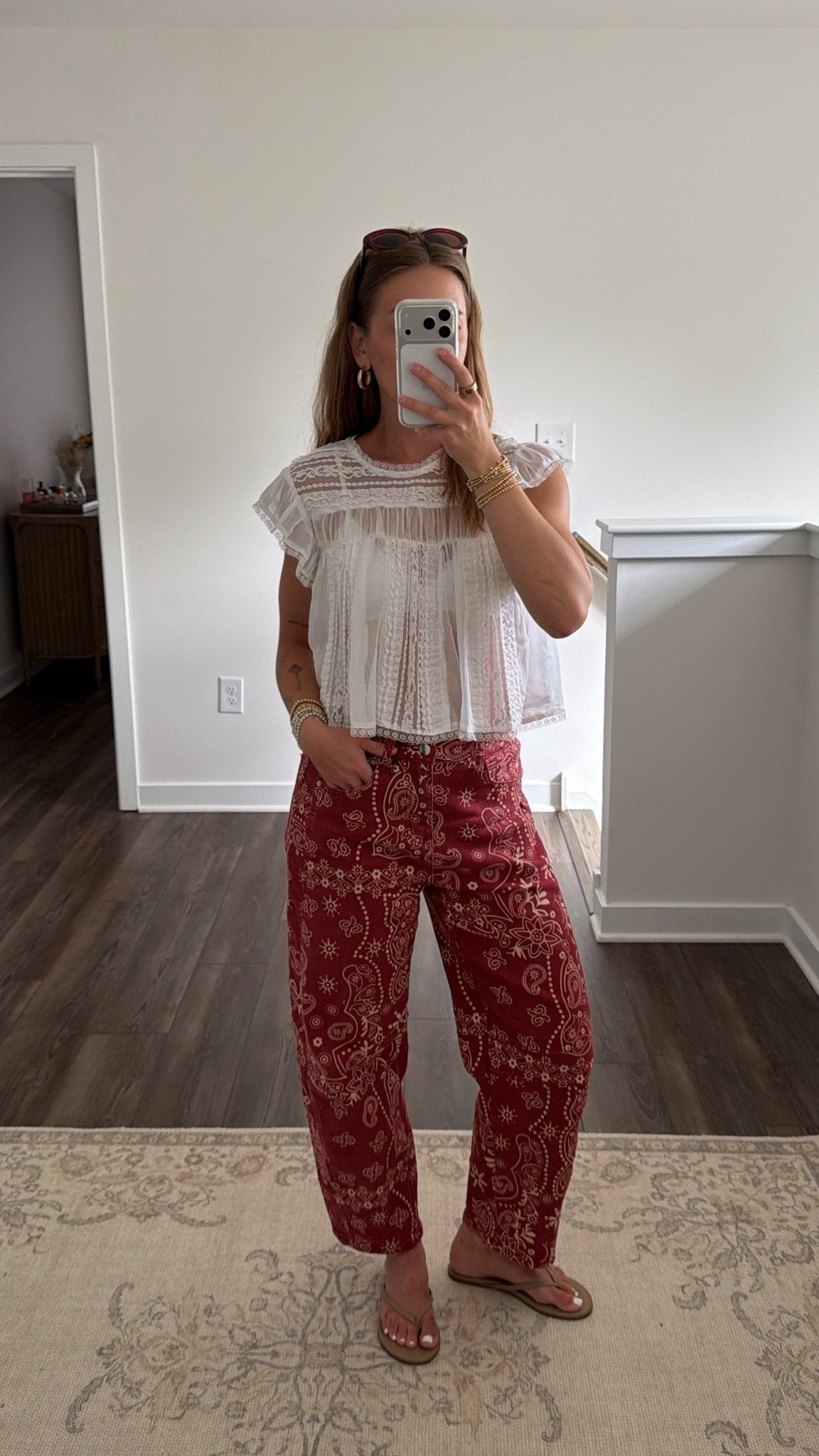 9/12/26 Casual Fall Tailgate Outfit ❤️

Today’s Temple tailgate outfit ❤️ but honestly such a fun casual look for transitioning into fall. Styled my Free People white babydoll top that I wore all summer with an Amazon lace bralette + these cherry red paisley barrel jeans from Amazon.

I’m 5’4” wearing a size S in the pants — a little roomy through the waist, but the length is perfect on me. Finished with my TKEES flip-flops, cherry red Crap Eyewear sunglasses + Jenny Bird earrings.

Love bringing summer pieces into fall with deeper colors + prints. Everything I can link is here ✨

#LTKootd #LTKSeasonal #LTKgrwm
