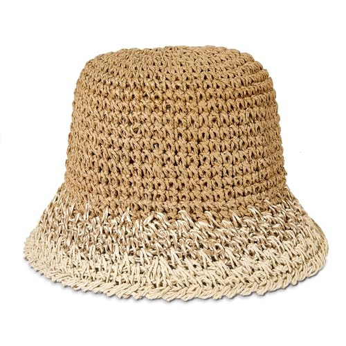 HZEYN Womens Straw Hat Wide Brim Crotchet Straw Bucket Hat Packable Floppy Beach Hats for Women Summer Travel Accessories (Beige Brown) | Amazon (US)