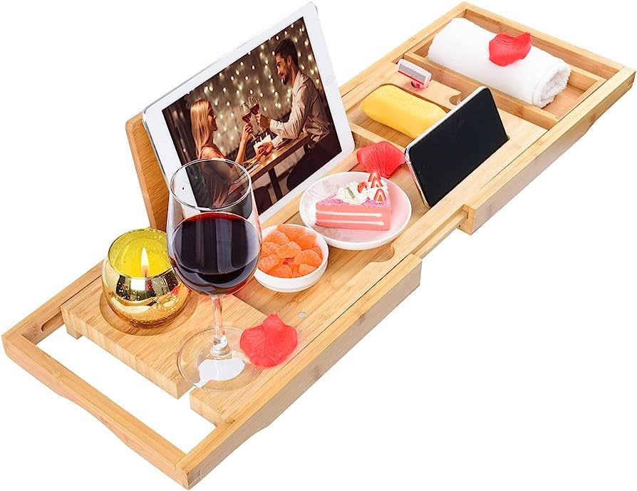 Bamboo Bathtub Caddy Tray,Expandable with Wine Slots and Book Holder Bath Tray for Tub, Organizer... | Amazon (US)
