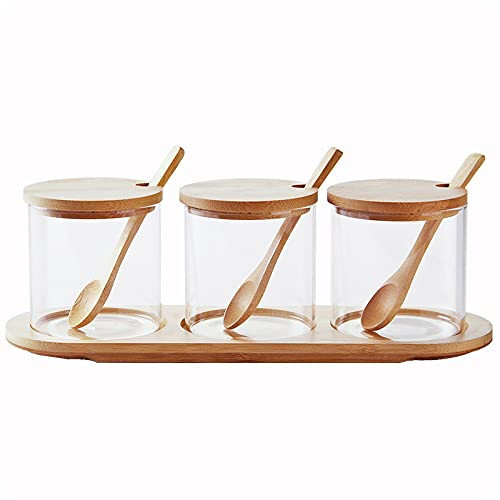 HONGCHU Condiment Containers with lids 3 pack Seasoning Box Condiment Pots Jars with Spoons Container for Spice Salt Sugar Cruet (bamboo 1set) | Amazon (US)