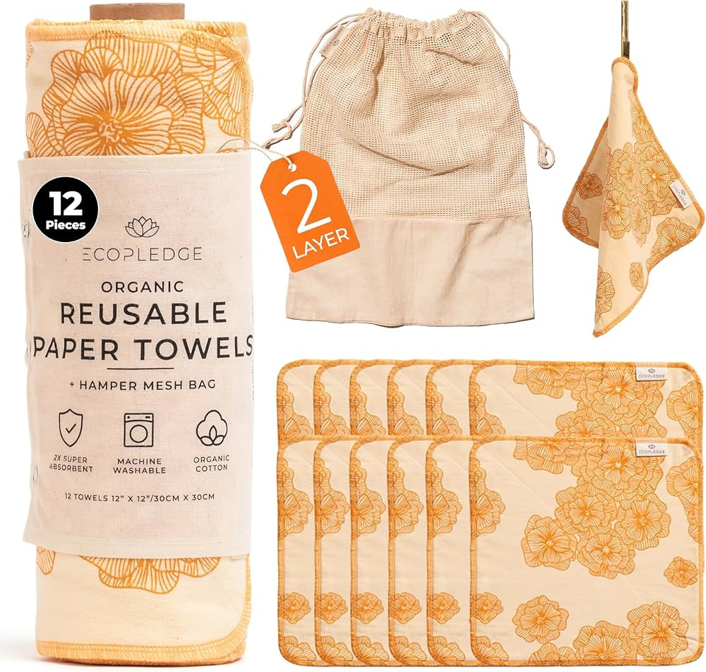 Reusable Paper Towels Washable Roll - Thick 12-pc Two Layered Ultra Absorbent Paperless Certified... | Amazon (US)