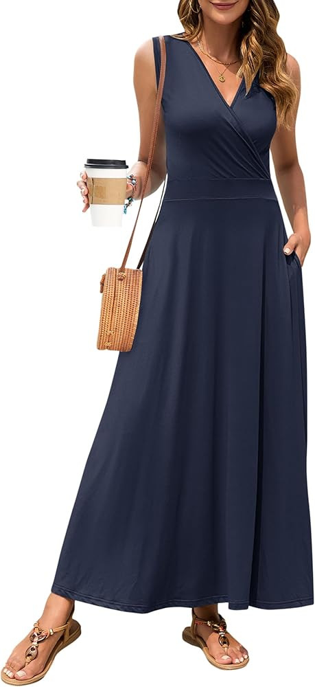 MISFAY Women Maxi Dress 2026 Summer Casual Sleeveless Sundress Wrap V Neck Long Dresses Vacation ... | Amazon (US)