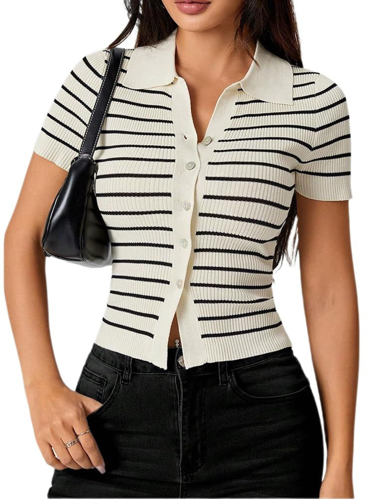 Floerns Women's Striped Short Sleeve Lightweight Cardigan Button Up Sweater Tops | Amazon (US)