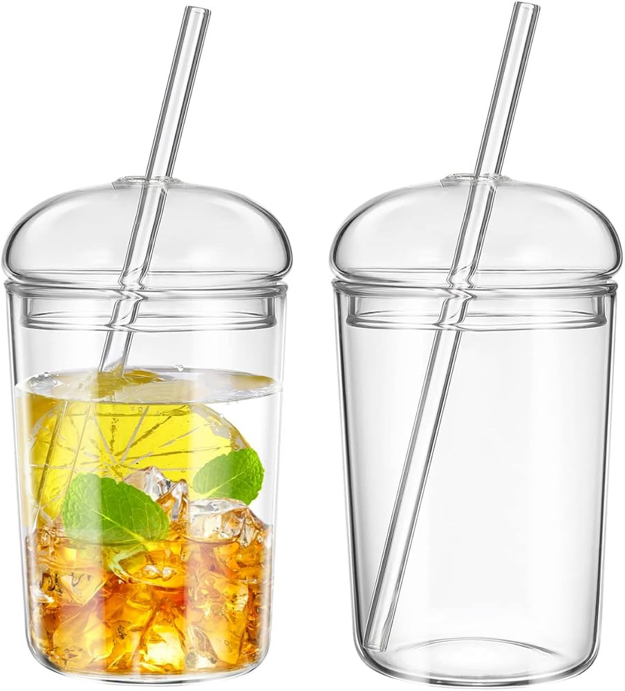 UPKOCH 2 Pack Glass Coffee Cups with Lids and Straws 16oz Aesthetic Cup Clear Smoothie Glasses Ro... | Amazon (US)