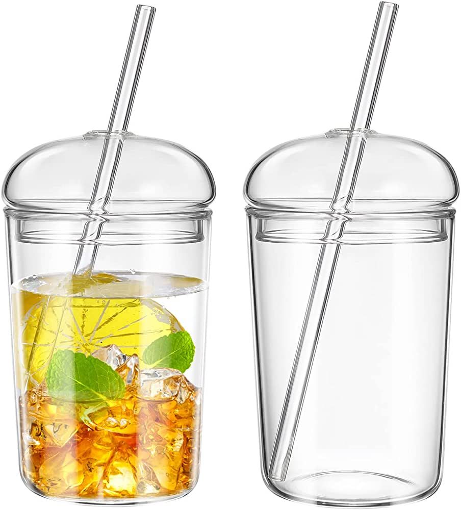 UPKOCH 2 Pcs Glass Cups with Lids and Straws Coffee Tumblers Heat Resistant Milk Cup Clear Drinki... | Amazon (US)