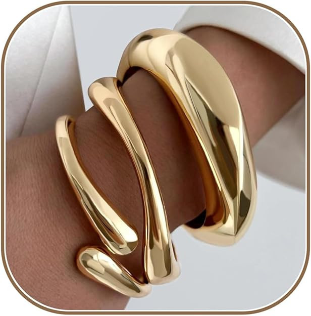 Chunky Gold Bangle Bracelets for Women, 14K Gold Plated Big Stackable Cuff Bracelet Set, Dainty T... | Amazon (US)