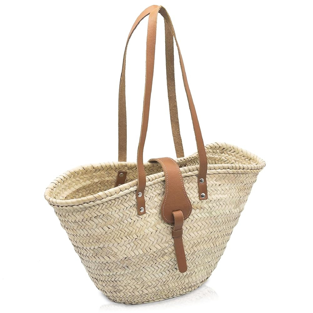 FRENCH BASKET Straw Beach Tote Bag with Leather Handles, Canvas Pouch & Zip Closure, Moroccan Mar... | Amazon (US)