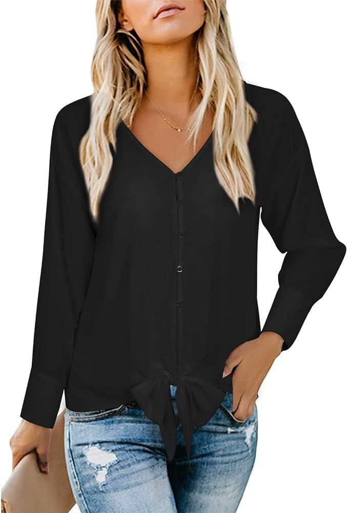 OUGES Women Button Down Shirts Long Sleeve Casual V Neck Tops Tie Front Blouse | Amazon (US)