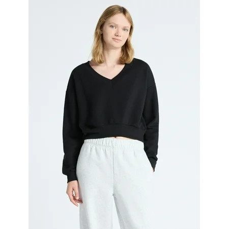 No Boundaries V-Neck Fleece Cropped Sweatshirt Women s | Walmart (US)