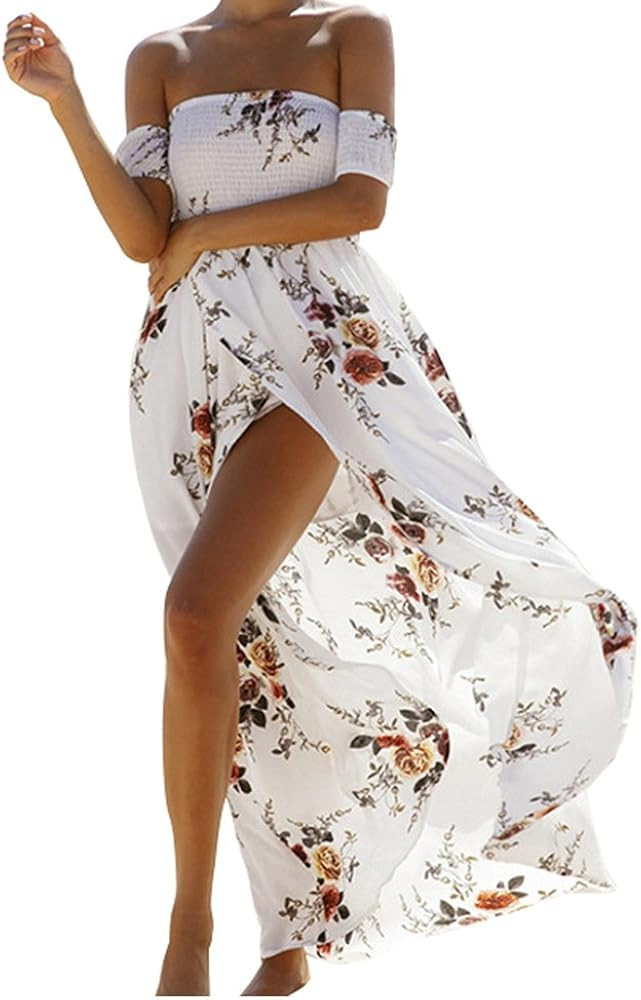 SVALIY Women Floral Off The Shoulder Split Chiffon Maxi Beach Dresses Wedding Party | Amazon (US)