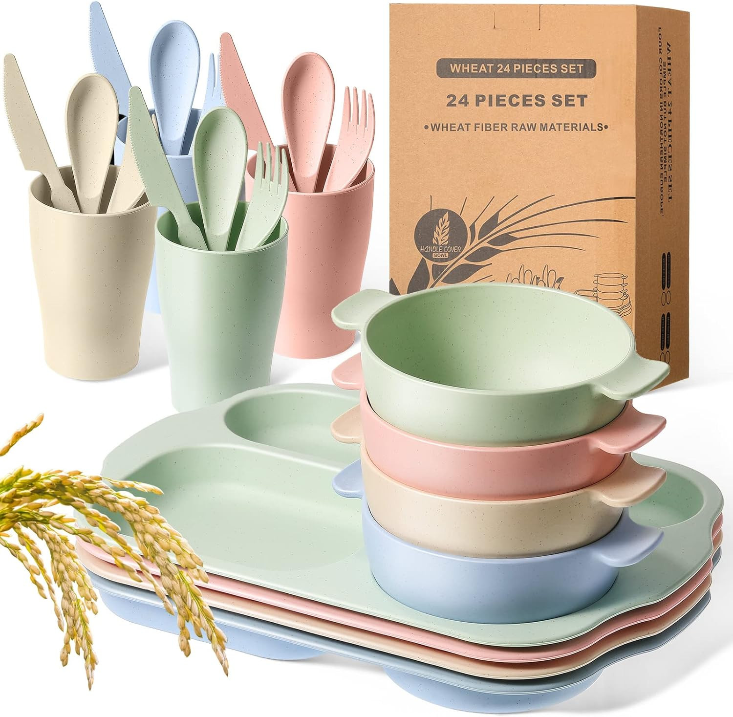 Amazon.com | 24 Pieces Wheat Straw Dinnerware Set Cutlery Set Including Unbreakable Divided Plate... | Amazon (US)