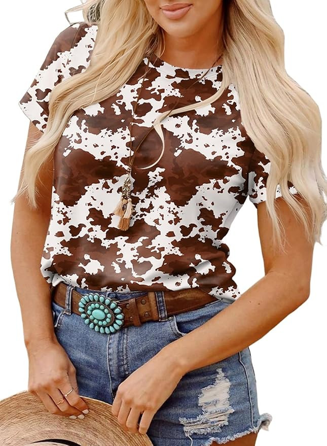 SHEWIN Womens Summer Tops Short Sleeve T-Shirts Western Graphic Crew Neck Casual Cute Tees 2026 C... | Amazon (US)