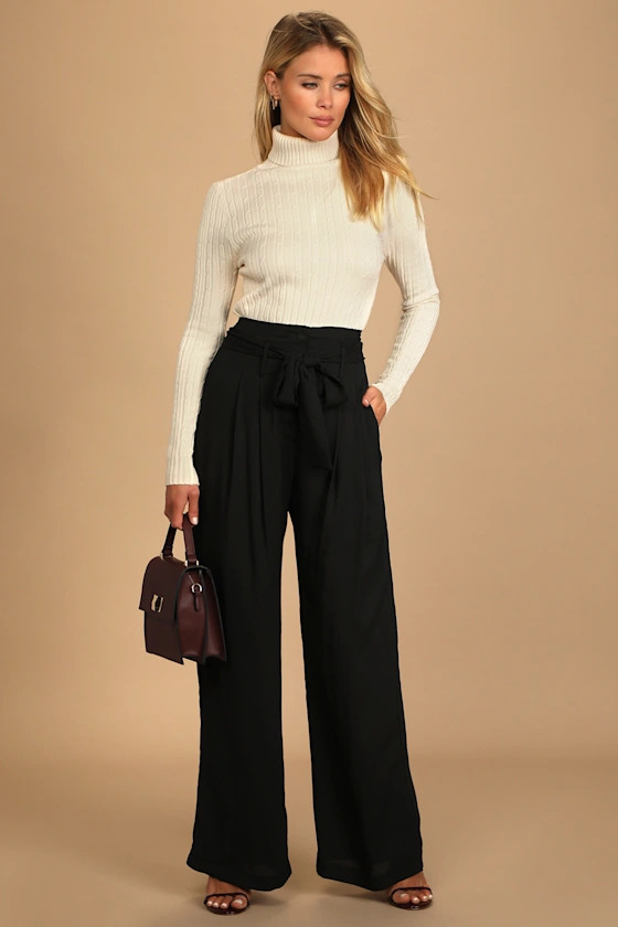 Chic Position Black Paperbag Waist Wide-Leg Pants | Lulus (US)