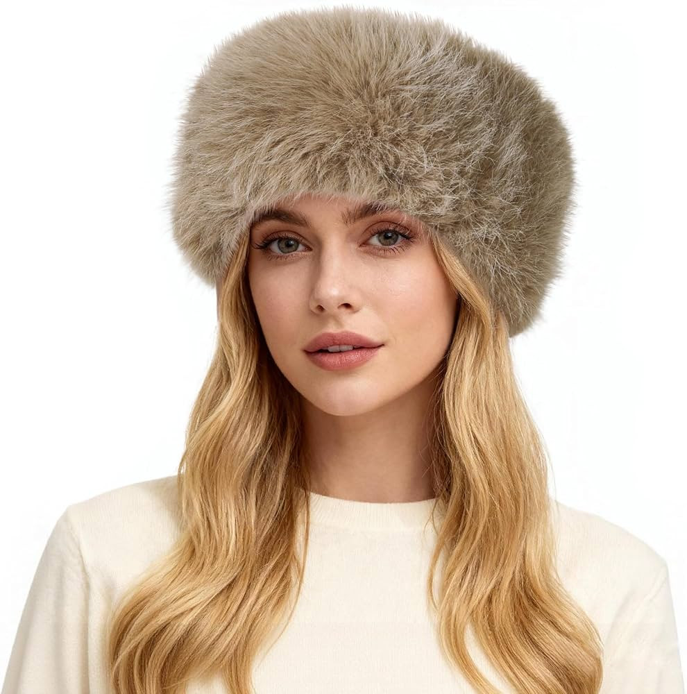 HH HOFNEN Faux Fur Headband for Women Winter Fur Hat with Stretch Ear Warmer Earmuff Khaki | Amazon (US)