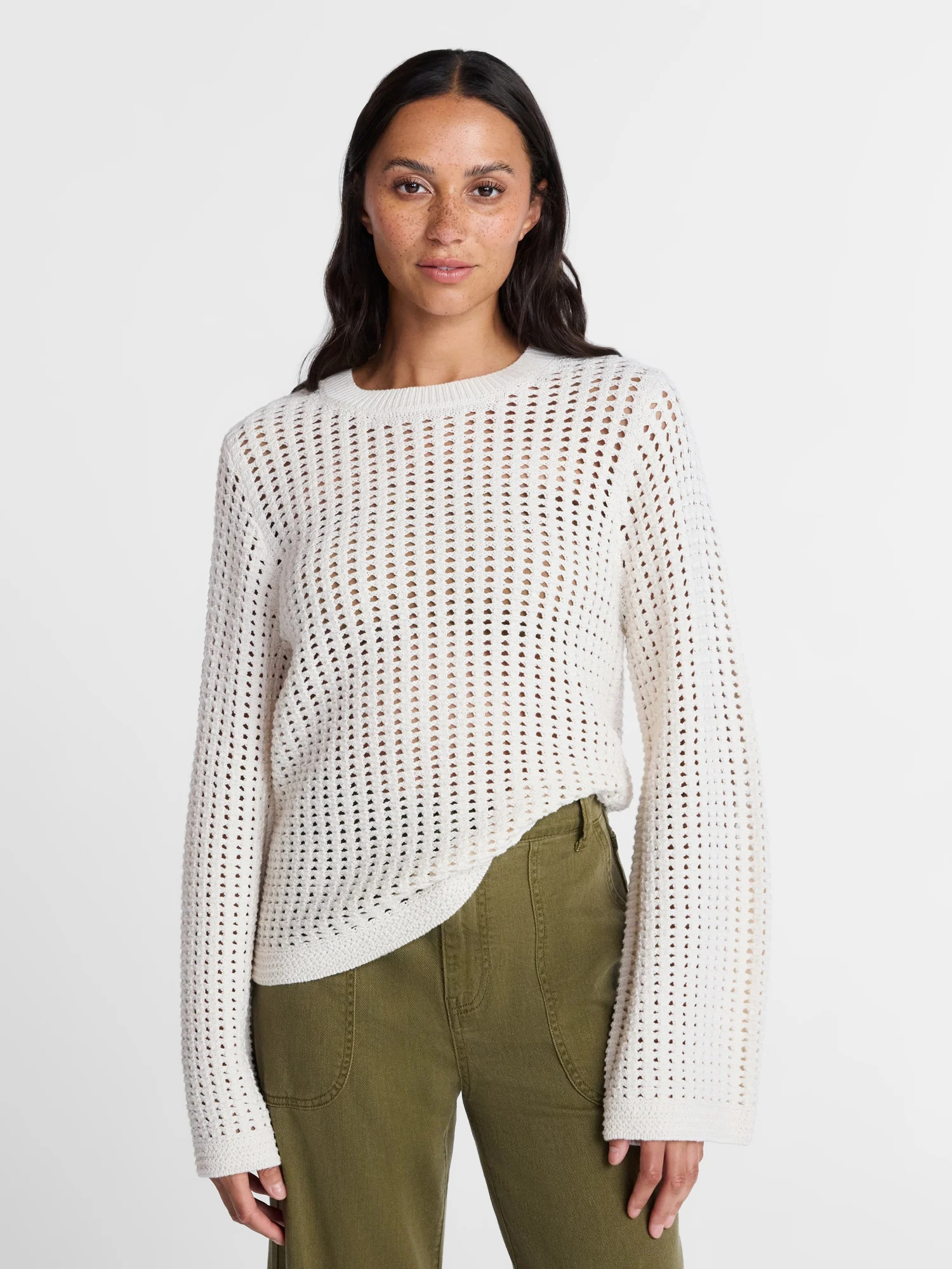 Time and Tru Women’s Textured Cotton Sweater with Long Sleeves, Lightweight, Sizes XS-XXXL | Walmart (US)