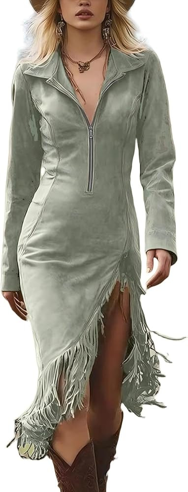 Women Western Suede Midi Dress Lapel Zip Up Long Sleeve Tassel Hem Vintage Slim Fit Fall Spring D... | Amazon (US)