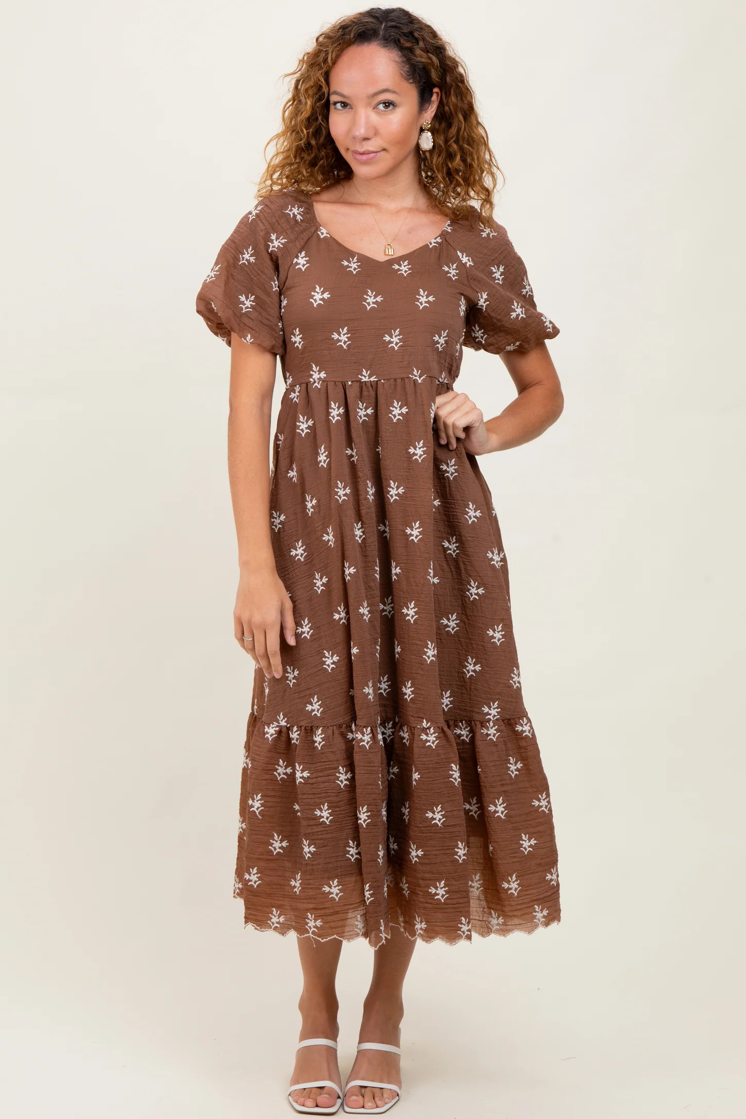 Brown Floral Embroidered Tiered Midi Dress | PinkBlush Maternity