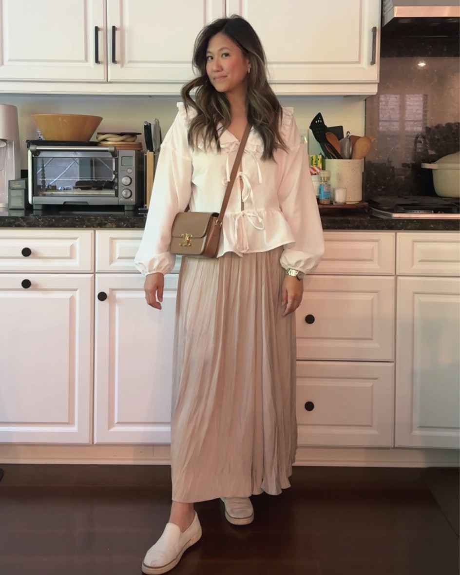weekend flirty fit pairing the ganni inspired top with a pleated champagne maxi colum skirt. 

Skirt [zara] dm me for link - size M
top size M but probably could’ve sized down to S

#LTKtravel #LTKworkwear #LTKSeasonal